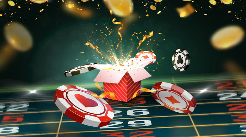 A present exploding with confetti on a roulette table with poker chips flying through the air.