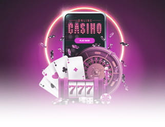 A smartphone, casino chips, four aces, dice, and a slot reel with triple sevens.