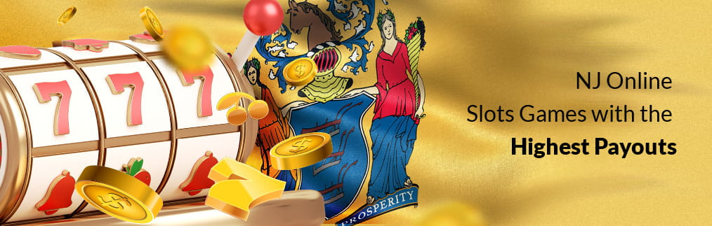 A slot machine with 777 and flying gold coins, sevens and cherries, representing a jackpot, over the New Jersey state flag.