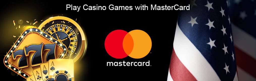 The Mastercard logo between gold colored cards, chips, 777 symbol, and roulette wheel and an American flag
