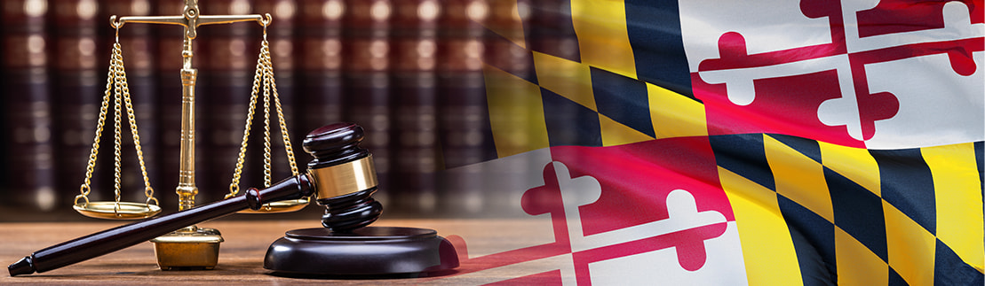 A collage with a judge's gavel next to the state of Maryland flag.