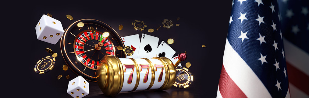 Social casino imagery, including coins, playing cards, and a roulette wheel, next to the American flag