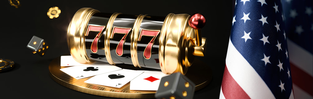 Sweepstakes imagery, including dice, playing cards, and a roulette wheel, next to the American flag