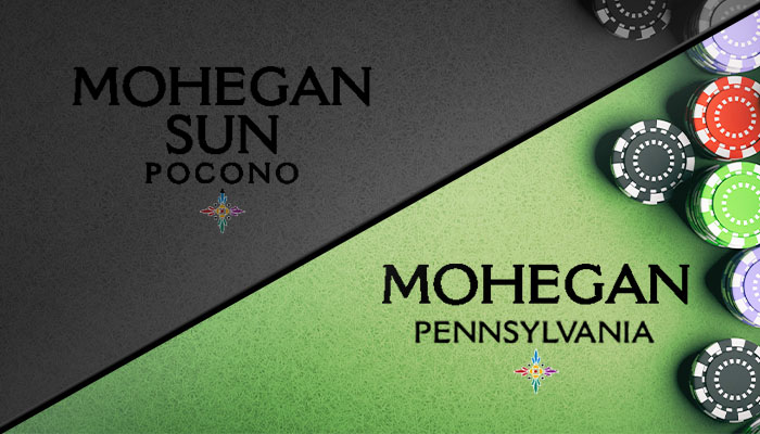 Mohegan Sun Pocono and Mohegan Pennsylvania Logos on a Green and Gray Background with Casino Chips to the Right
