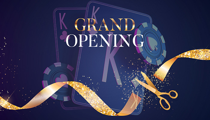 Grand Opening Sign with Casino Elements as Background and Golden Scissors Cutting a Golden Ribbon