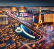 A sky view of the Las Vegas Strip at night.