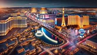 A sky view of the Las Vegas Strip at night.