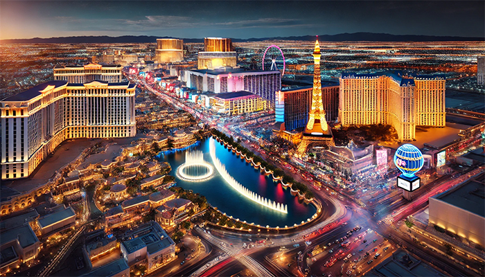 A sky view of the Las Vegas Strip at night.