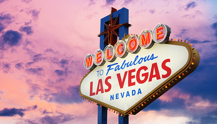 A close-up of the "Welcome to Fabulous Las Vegas, Nevada", with palm trees in the background under a clear sky.